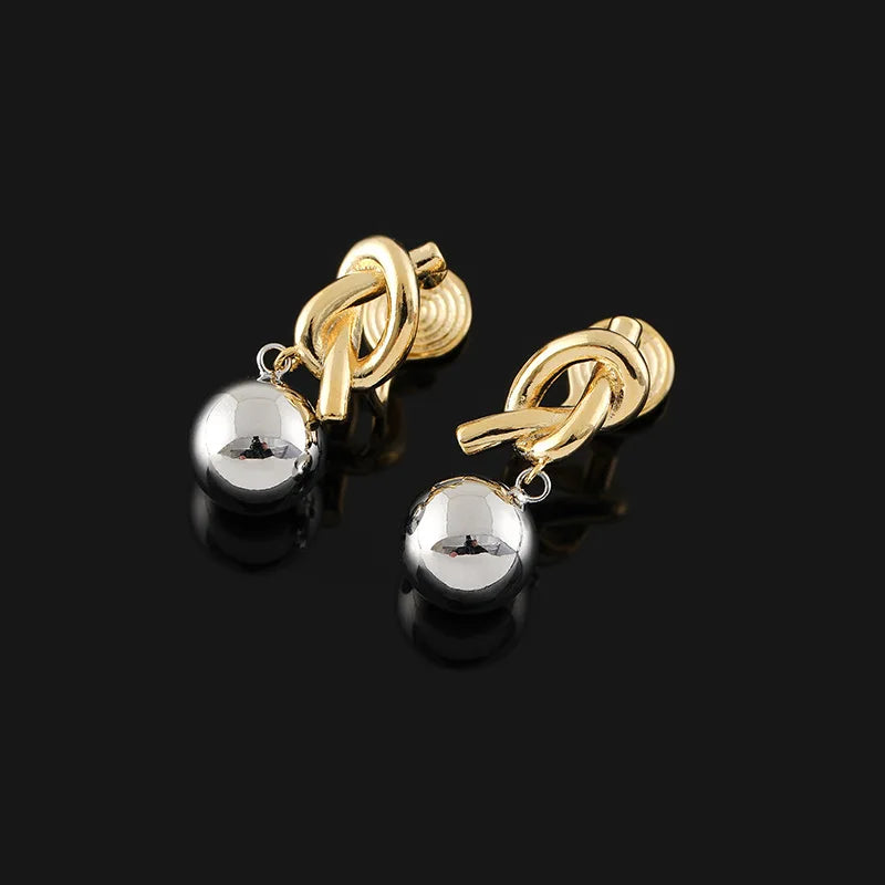 Elegant Contrast Two Tone Alloy Geometric Knot Ball Drop Stud & Clip On No Piercing Metal Dangle Earrings