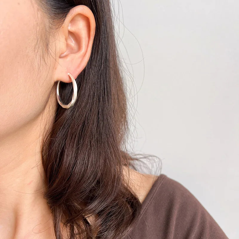 Elegant Brushed Silver Alloy Round Hoop Earrings, Stud & Clip On No Piercing Lightweight Hoop Earrings