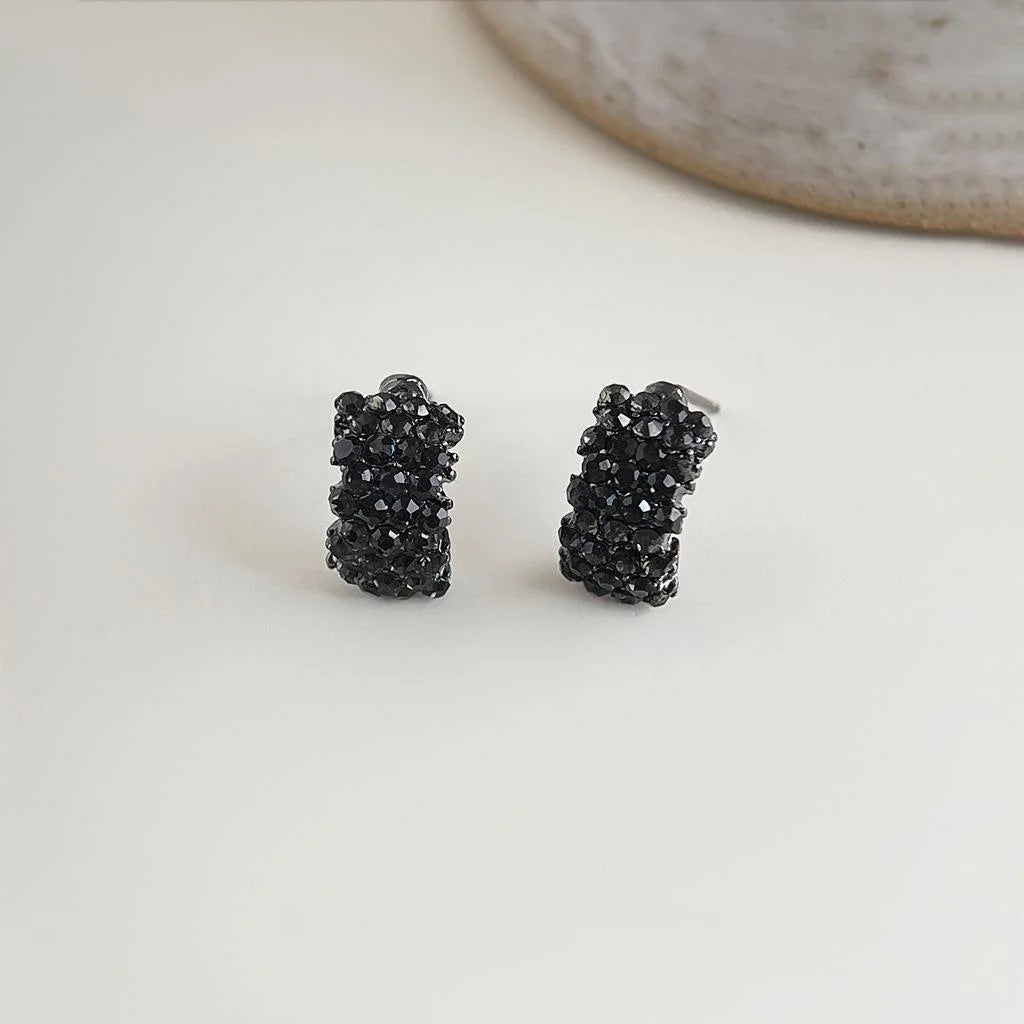 Dark Pave Rhinestone Geometric Square Alloy Stud Earrings For Women, Silver Plated Korean Style