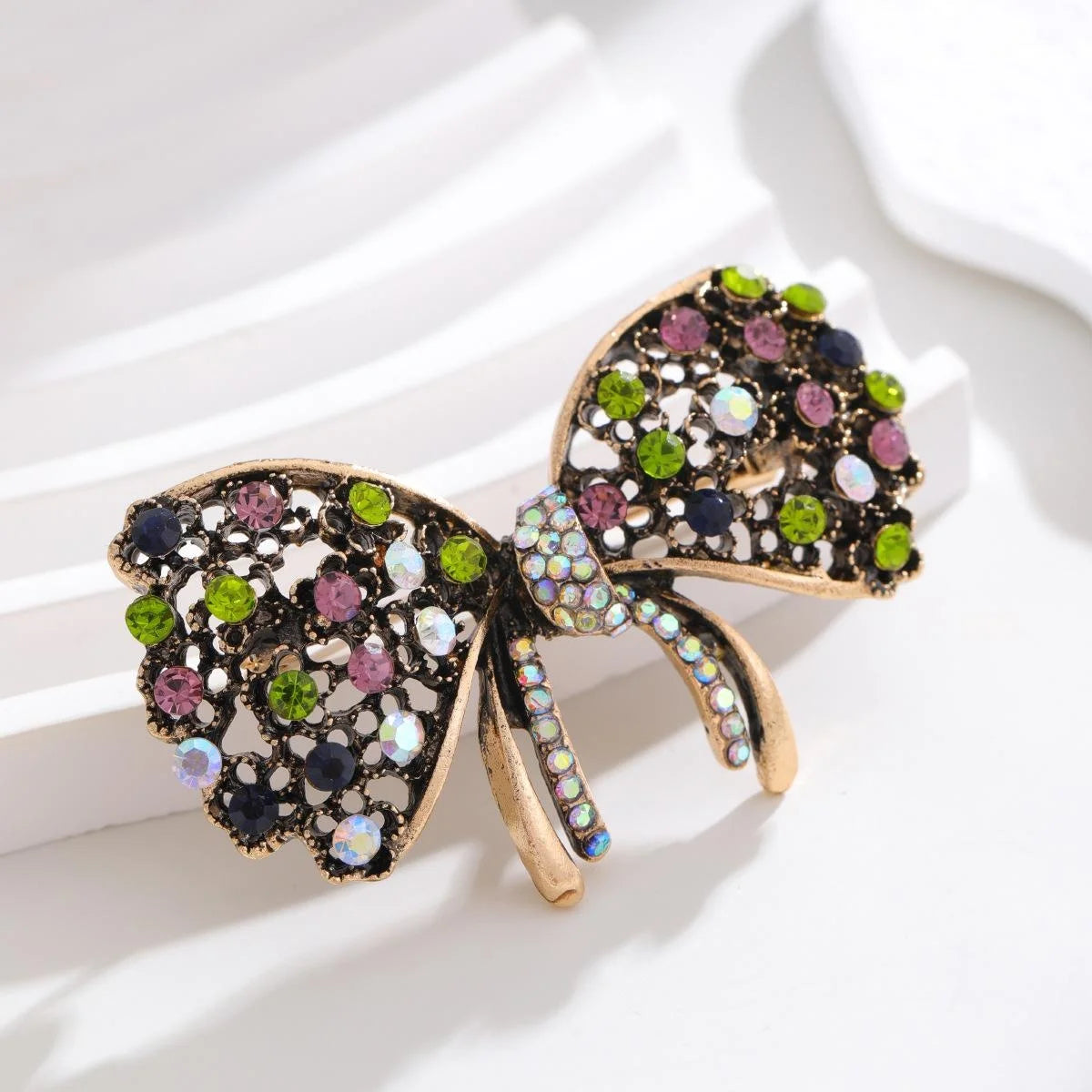 Elegant Bowknot Alloy Rhinestone Brooch With Multicolor Crystals, Women's Lapel Pin Corsage Gift