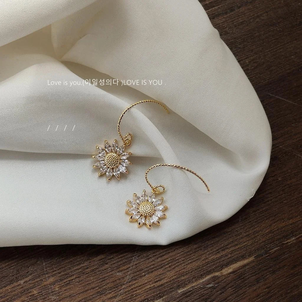 French Vintage 14K Plated Zircon Sunflower Flower Drop Earrings for Women