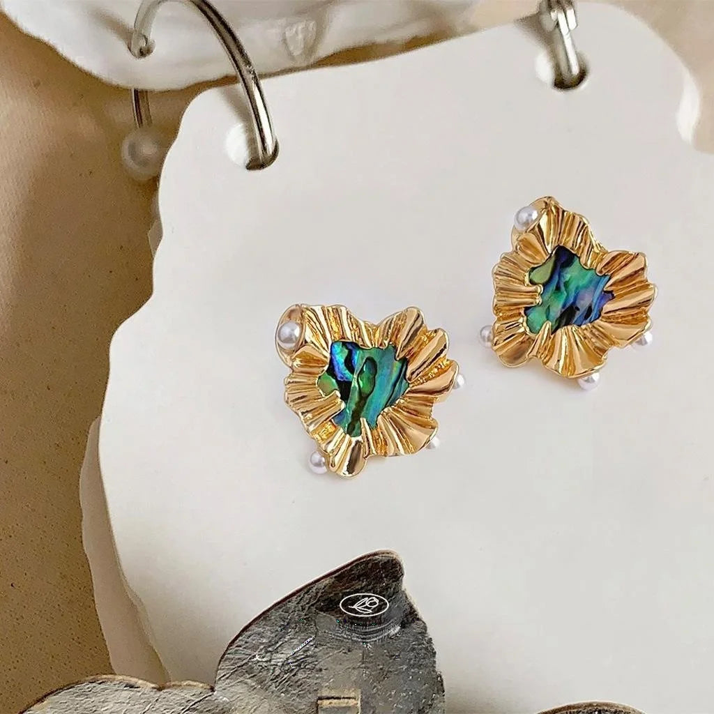 14K Gold Plated French Vintage Irregular Heart Abalone Shell Pearl Stud Earrings