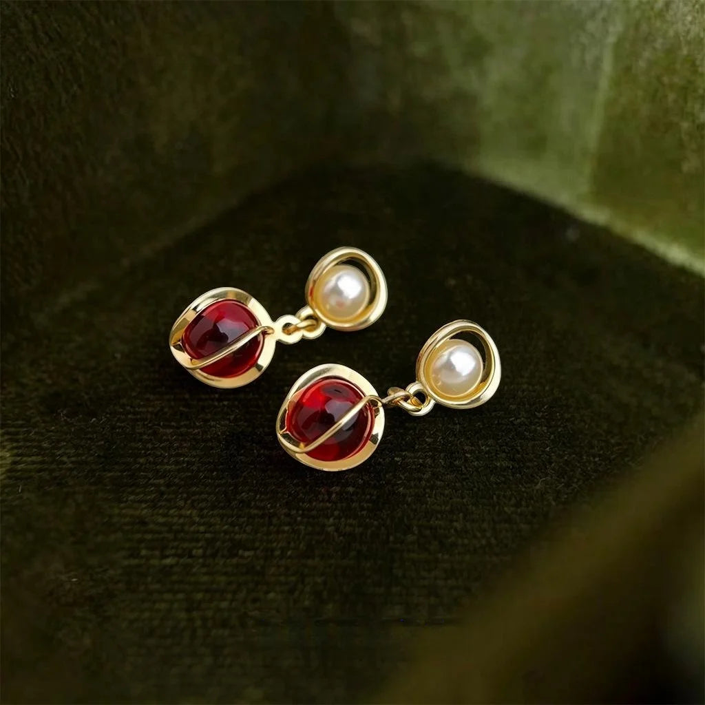 Vintage Burgundy Glass Crystal Drop Earrings With Copper Geometric Teardrop Design