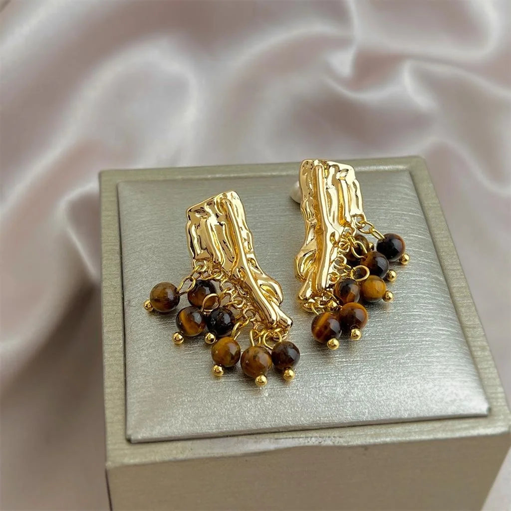 Maillard Style Vintage Natural Tiger Eye Stone Geometric Tassel Drop Earrings