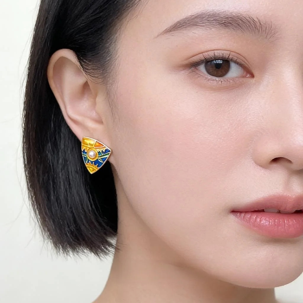 French Vintage Geometric Triangle Hand Painted Drip Enamel Zinc Alloy Stud Earrings
