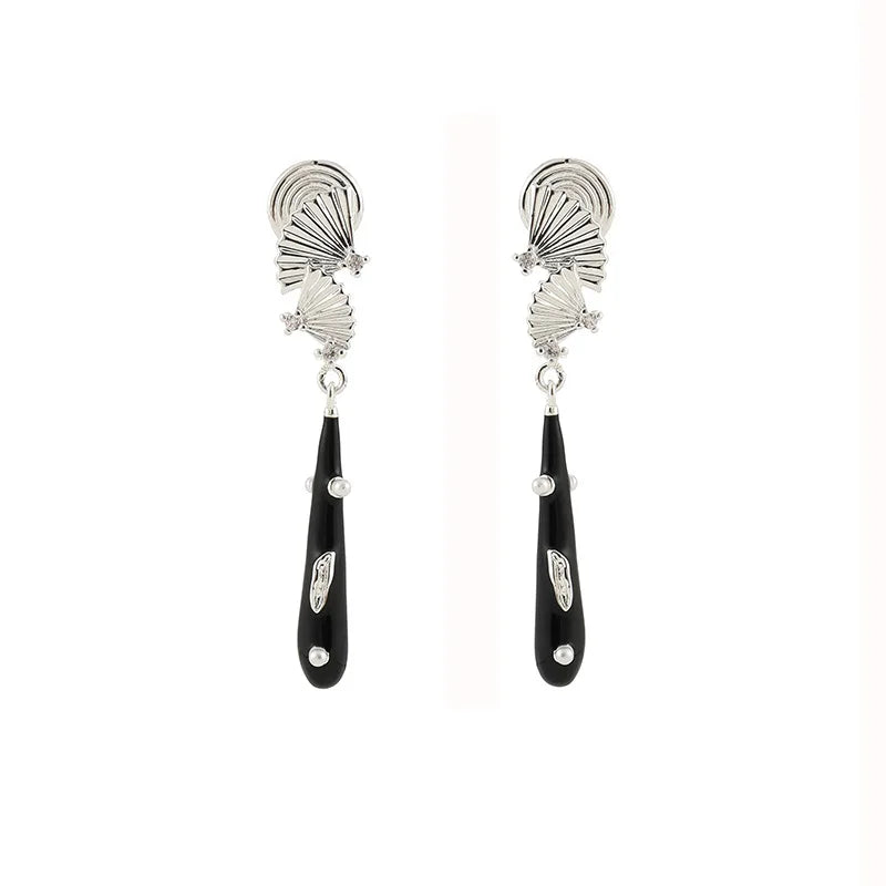 Vintage Chinese Fan Alloy Enamel Long Tassel Pearl Stud & Clip On No Piercing Qipao Earrings