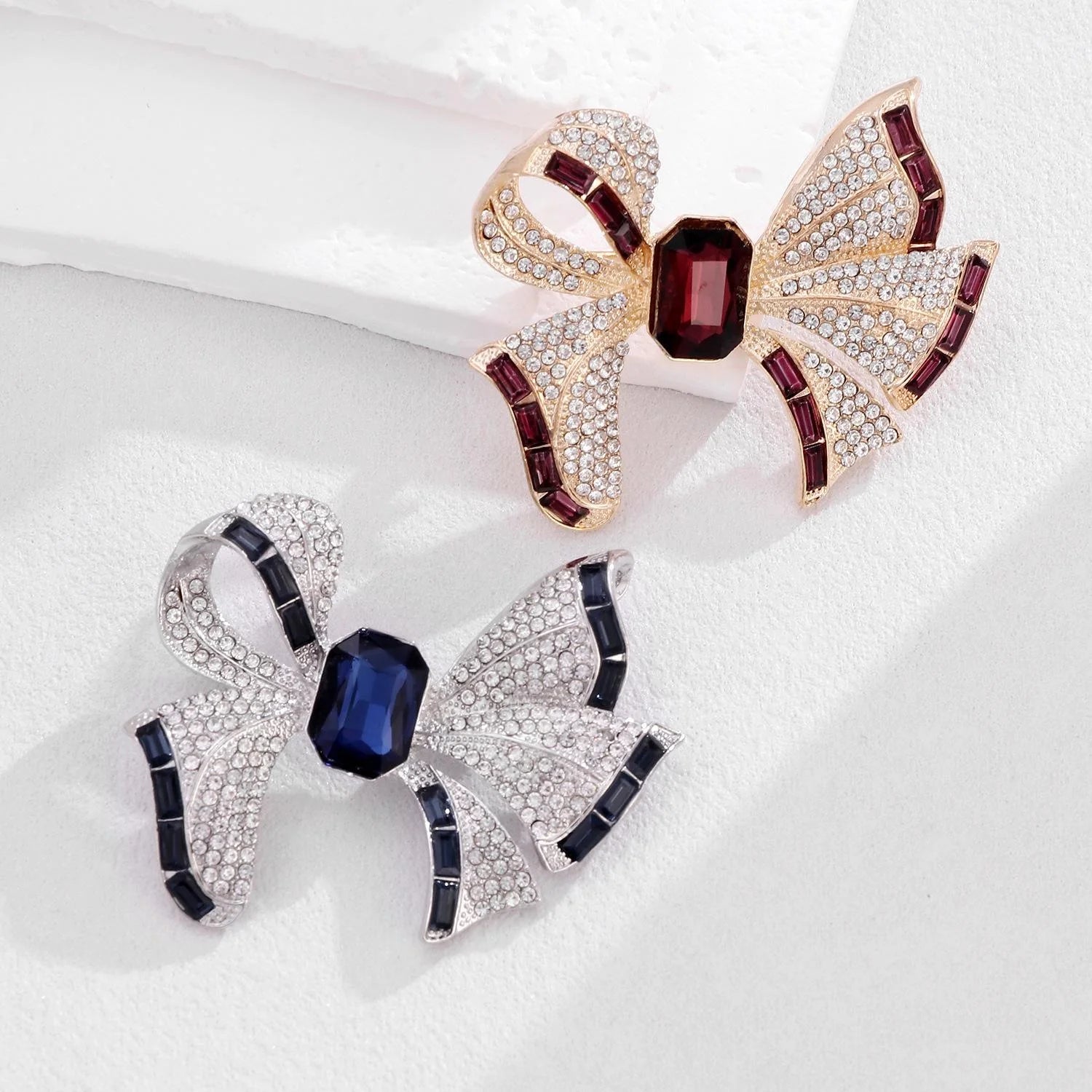 Luxury Rhinestone Bow Brooch With Blue Zircon Center, Elegant Alloy Lapel Pin Corsage Suit Accessory Gift