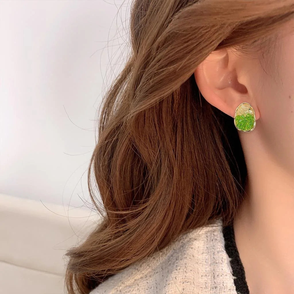 Forest Style Oval Glass Crystal Stud Earrings 14K Plated Geometric Gradient Green Champagne