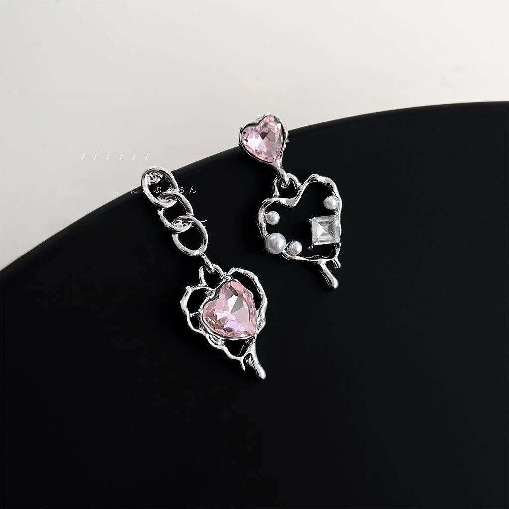 Sweet Cool Asymmetric Pink Rhinestone Heart Chain Drop Earrings For Women