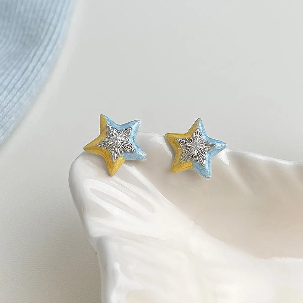 Hand Painted Star Stud Earrings Eco Friendly Copper With Silver Plated Pins Sweet Girl Style