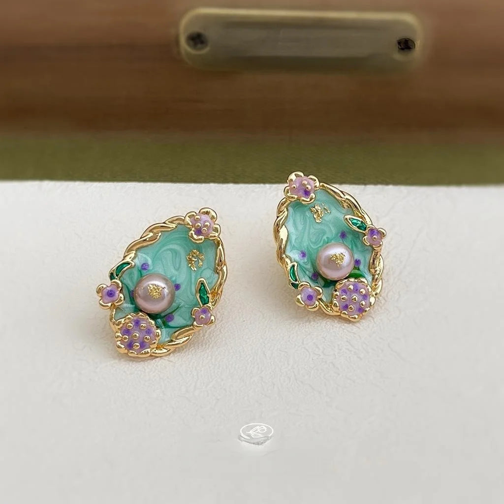Sweet Forest Style 14K Plated Enamel Oval Freshwater Pearl Stud Earrings