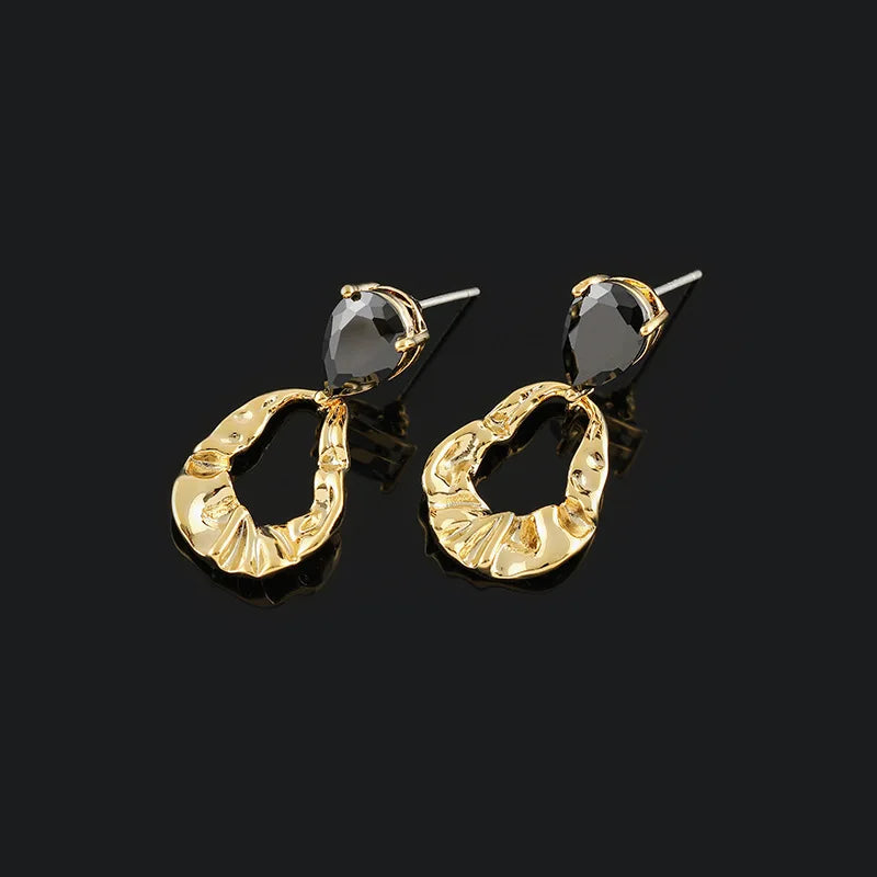 Vintage Wrinkled Gold Alloy Hoop Drop With Black Crystal Stud & Clip On No Piercing Earrings