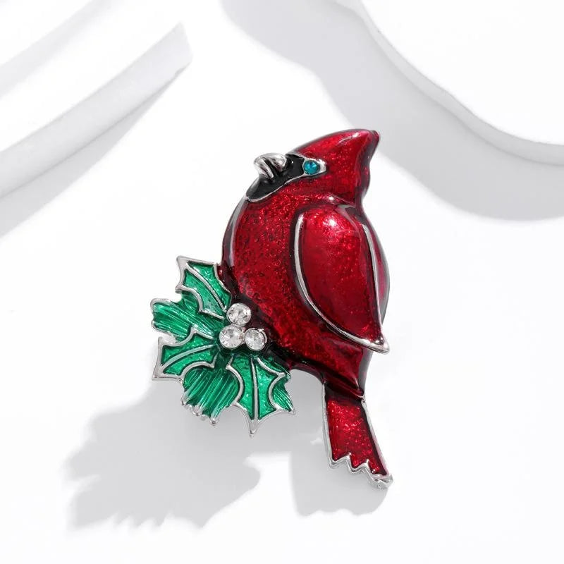 Cute Red Cardinal Bird Enamel Brooch With Rhinestone Holly Leaves, Elegant Animal Lapel Pin Gift