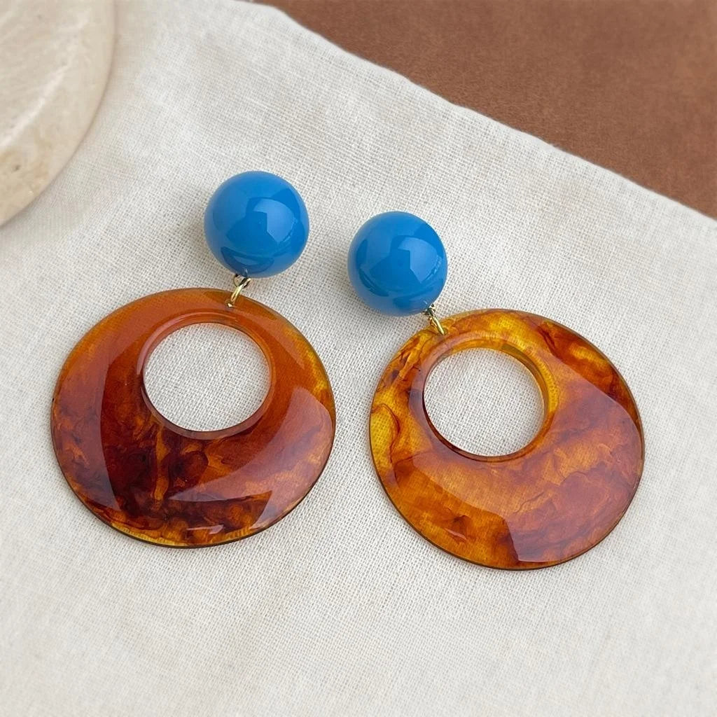 Vintage Maillard Style Amber Brown Resin Round Geometric Drop Earrings With Copper