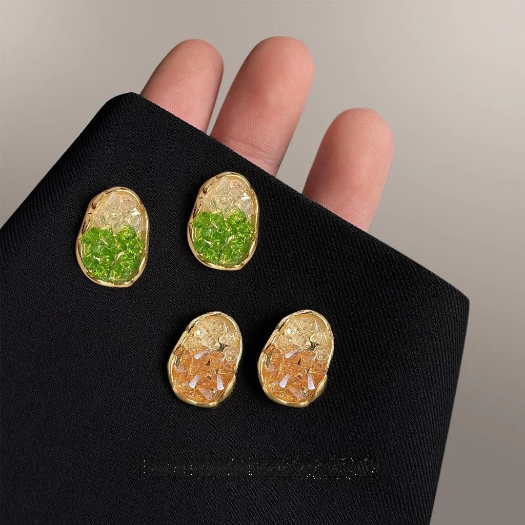 Forest Style Oval Glass Crystal Stud Earrings 14K Plated Geometric Gradient Green Champagne