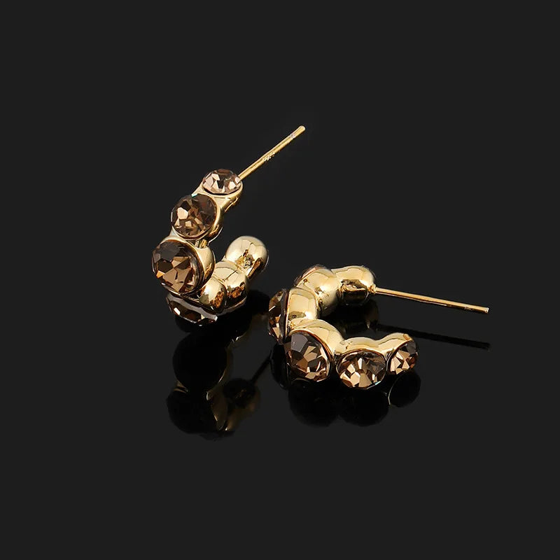 Luxury Gold Tone Brown Crystal Rhinestone Spiral Hoop Stud & Clip On No Piercing Alloy Circle Earrings