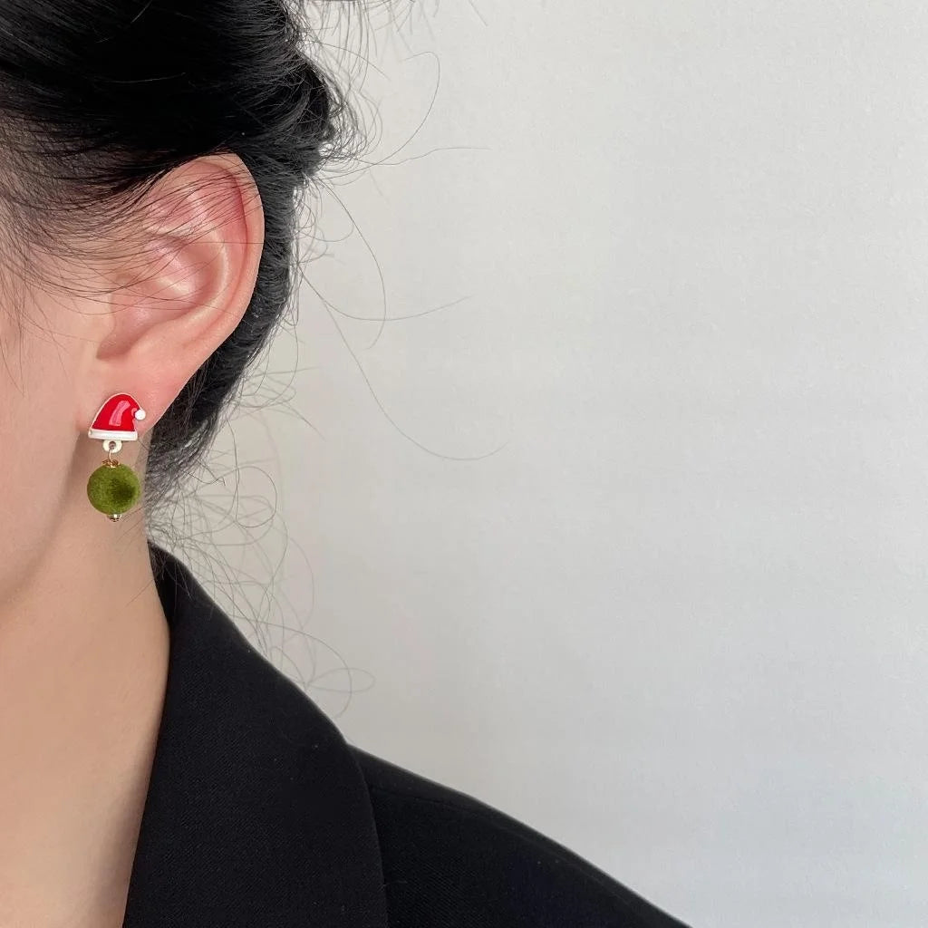 Premium Copper Christmas Santa Hat Pom Pom Drop Earrings Festive Green Red Winter Jewelry