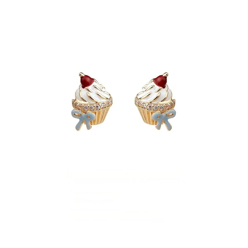Cute Childlike Hand Painted Ice Cream Cake Copper Zircon Stud Earrings For Women