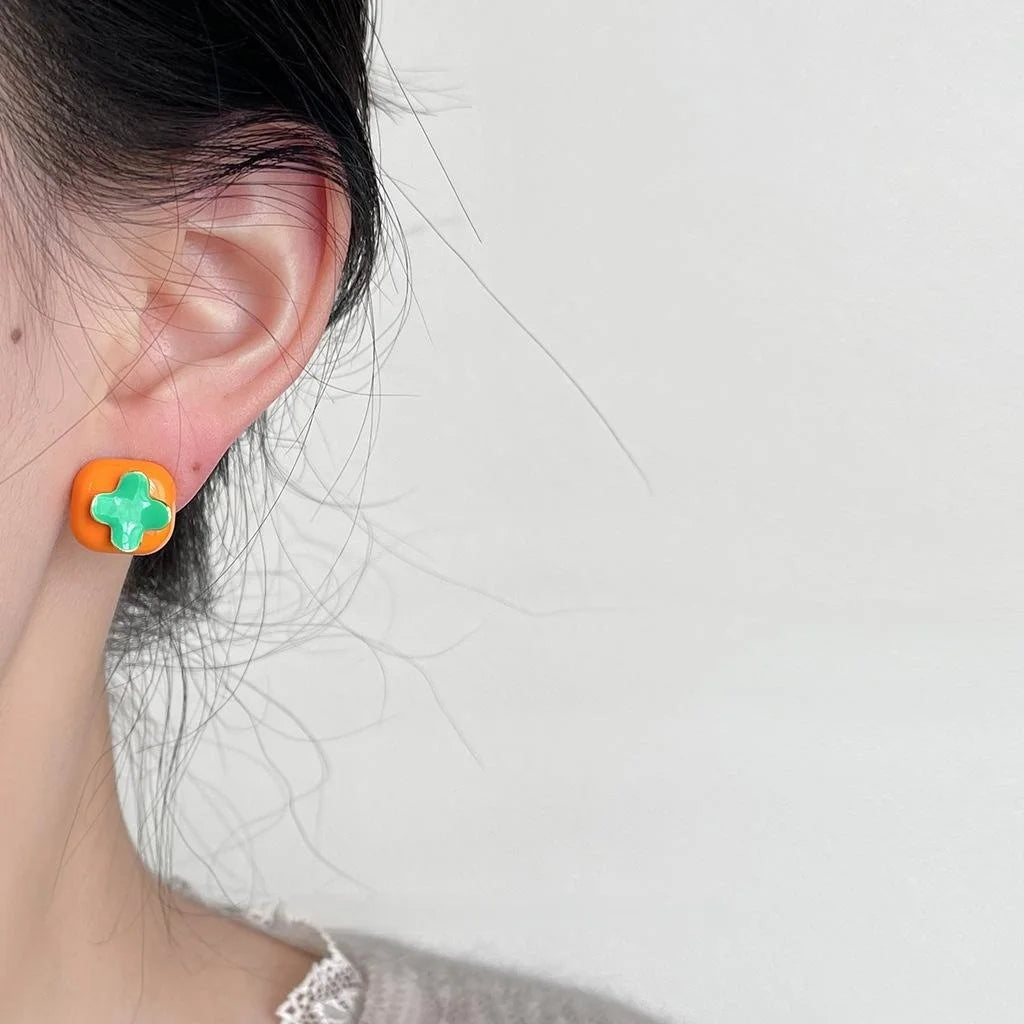 Sweet Persimmon Fruit Stud Earrings Copper Cute Little Lantern Design For Students