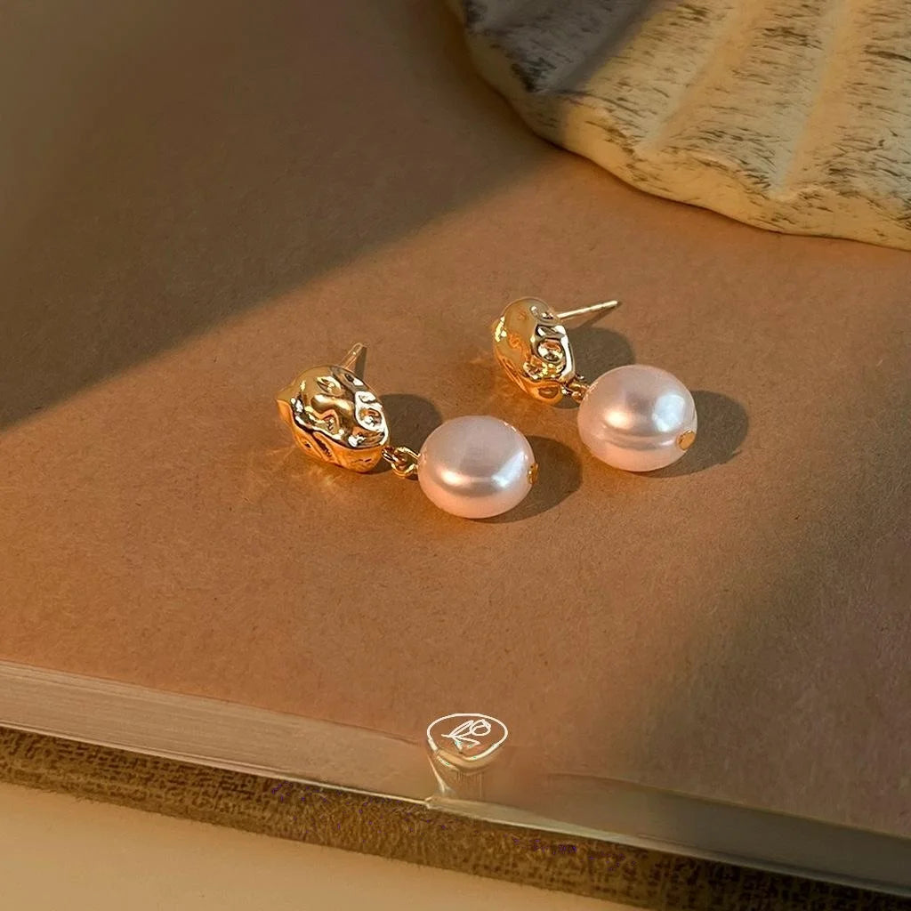 French Vintage Irregular Freshwater Baroque Pearl 14K Silver Plated Copper Drop Earrings