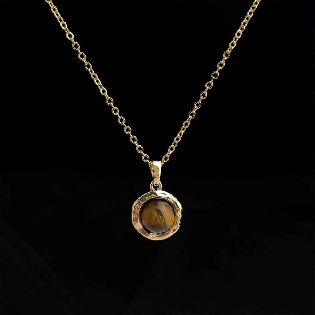 Thick 18K Real Gold Plated Tiger Eye Stone Geometric Necklace Vintage Collarbone Jewelry