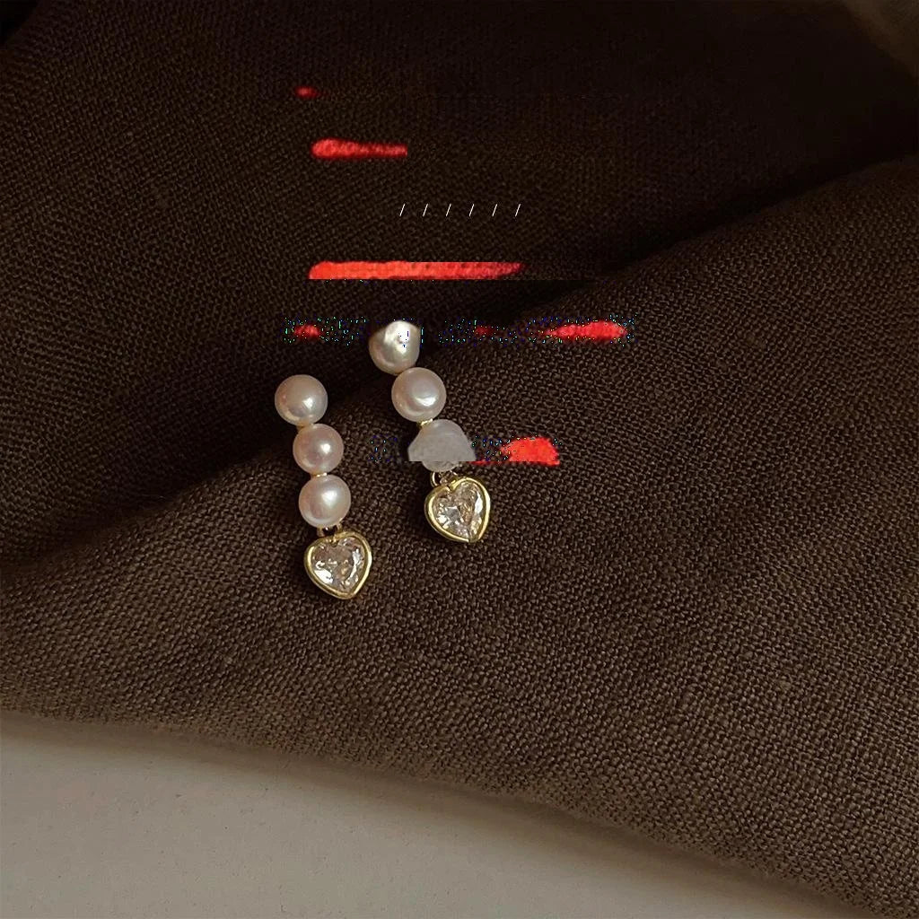 14K Gold Plated Copper Heart Freshwater Pearl Micro Pave Zircon Stud Earrings Luxury Jewelry