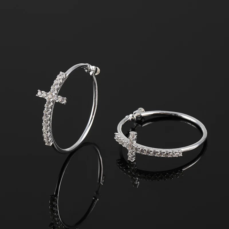 Elegant Silver Tone Alloy Zircon Cross Hoop Stud & Clip On No Piercing Geometric Circle Earrings