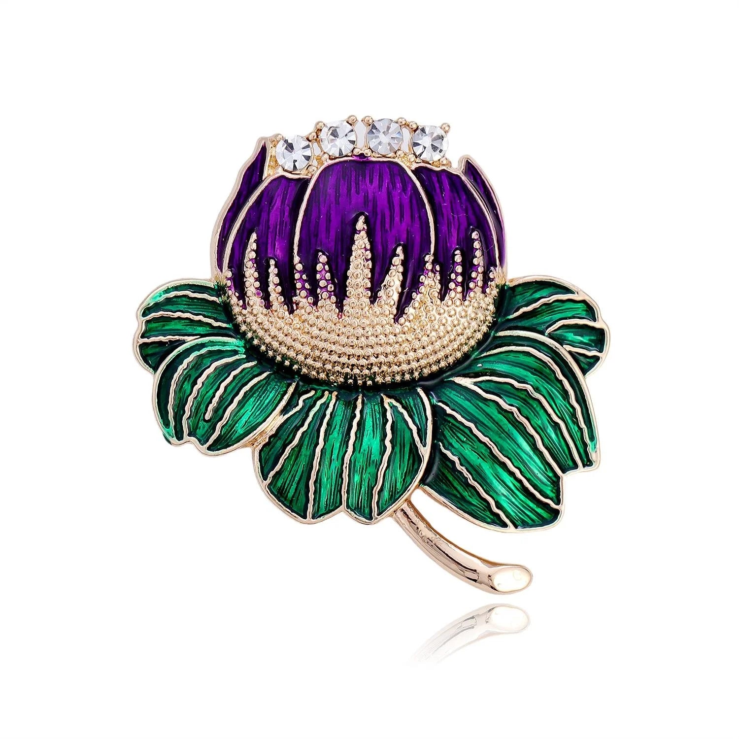 Luxury Enamel Lotus Flower Brooch With Rhinestones, Elegant Plant Lapel Pin Corsage Suit Accessory Gift