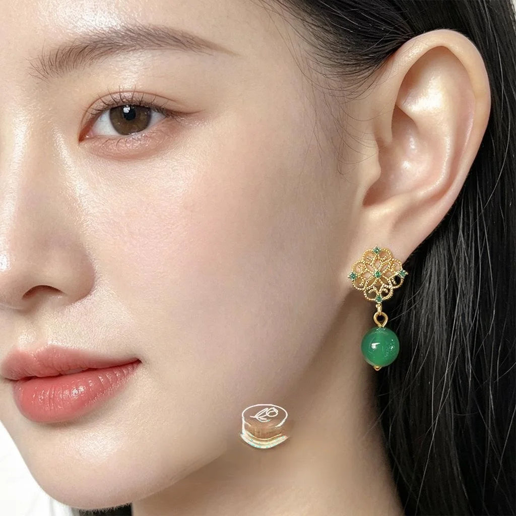 Vintage French 14K Gold Plated Copper Green Agate Zircon Micro Pave Stud Earrings