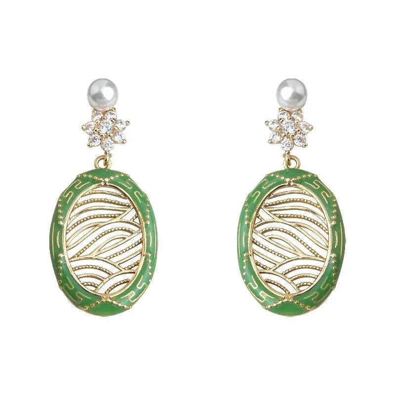 New Chinese Style Green Enamel Micro Pave Zircon Floral Copper Drop Earrings