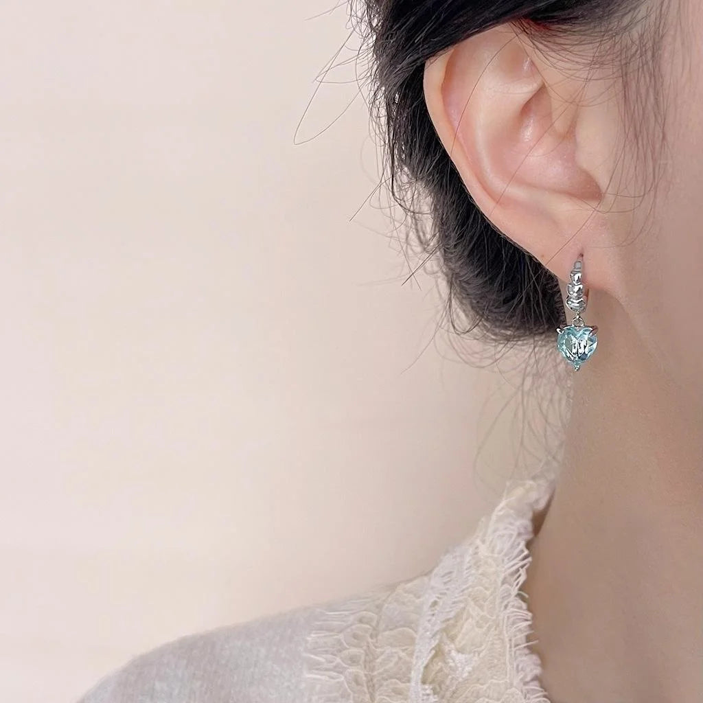 Sweet Cool Aquamarine Heart Zircon Copper Drop Earrings Handmade Geometric Designer Jewelry