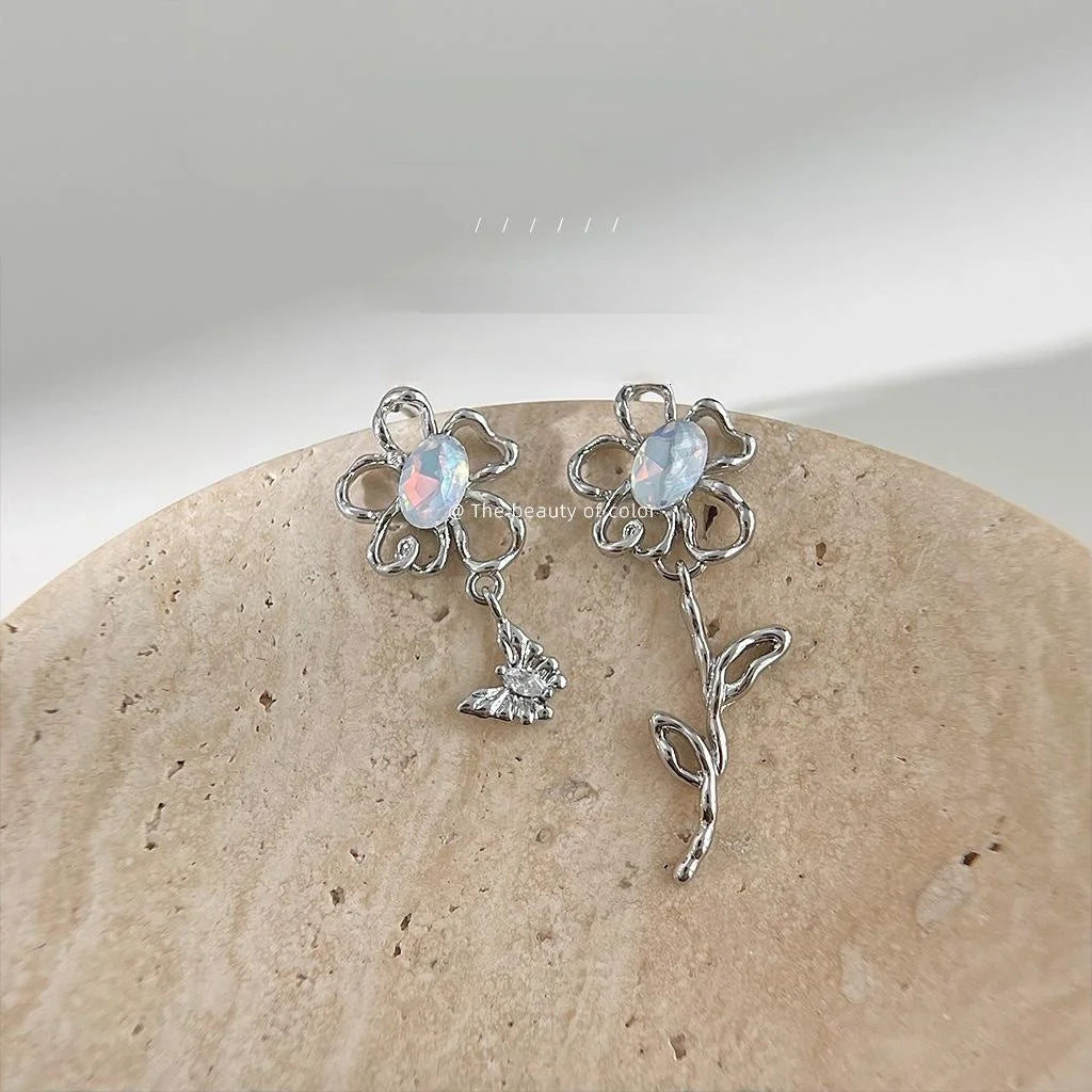 Sweet Cool Asymmetric Copper Drop Earrings With Hollow Colorful Flower Butterfly Sunflower Design
