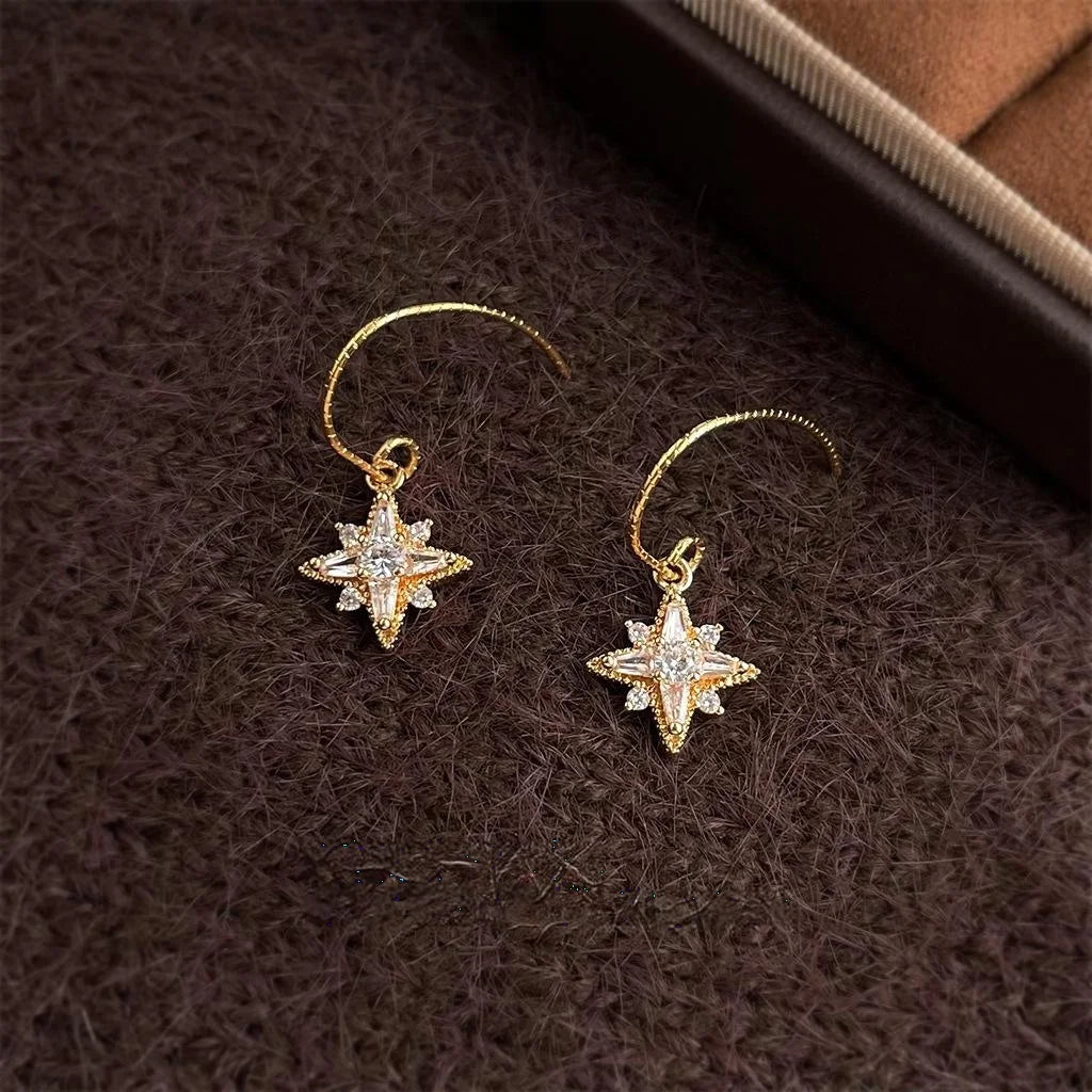 Micro Pave Zircon Star Copper Drop Earrings Light Luxury Minimalist Commuter Jewelry