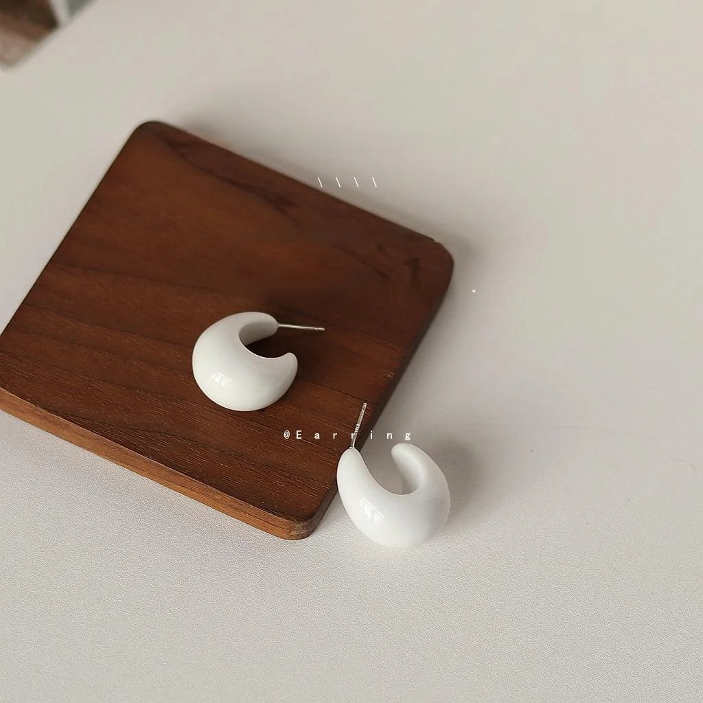 White Acrylic Teardrop Stud Earrings Silver Plated Pin French Elegant Geometric Jewelry