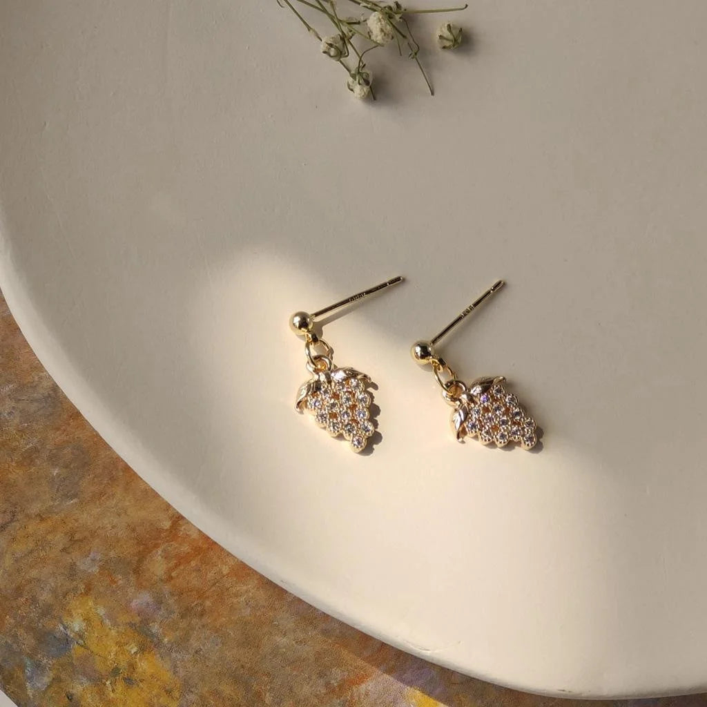 Vintage 14K Plated Copper Zircon Mini Grape Stud Earrings For Women Korean Style