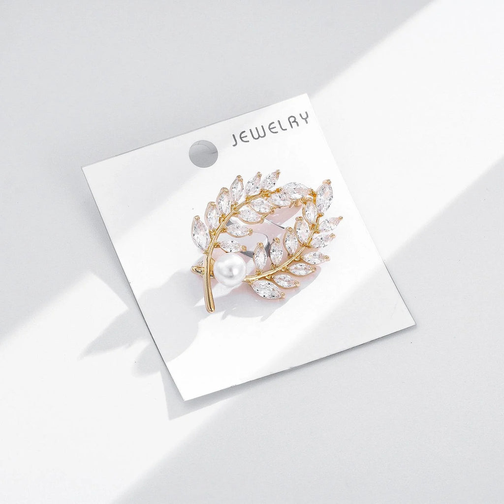 Luxury Wheat Leaf Rhinestone Pearl Alloy Brooch For Women, Elegant Lapel Pin Corsage Suit Accessory