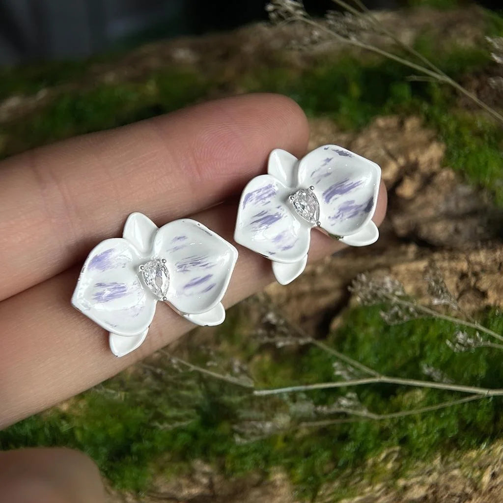 Light Purple Enamel Butterfly Orchid Flower Copper Zircon Drop Earrings Fresh Fairy Style