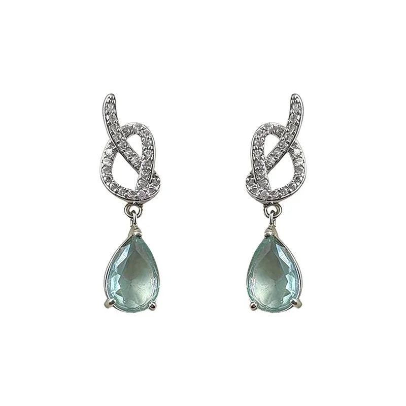 Light Luxury Copper Zircon Aquamarine Rope Knot Teardrop Drop Earrings