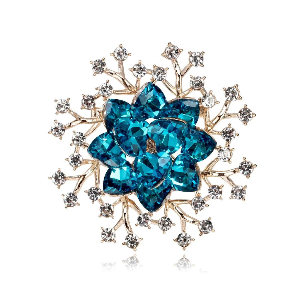 Luxury Blue Crystal Flower Rhinestone Brooch, Gold Alloy Floral Lapel Pin Corsage Suit Accessory Gift