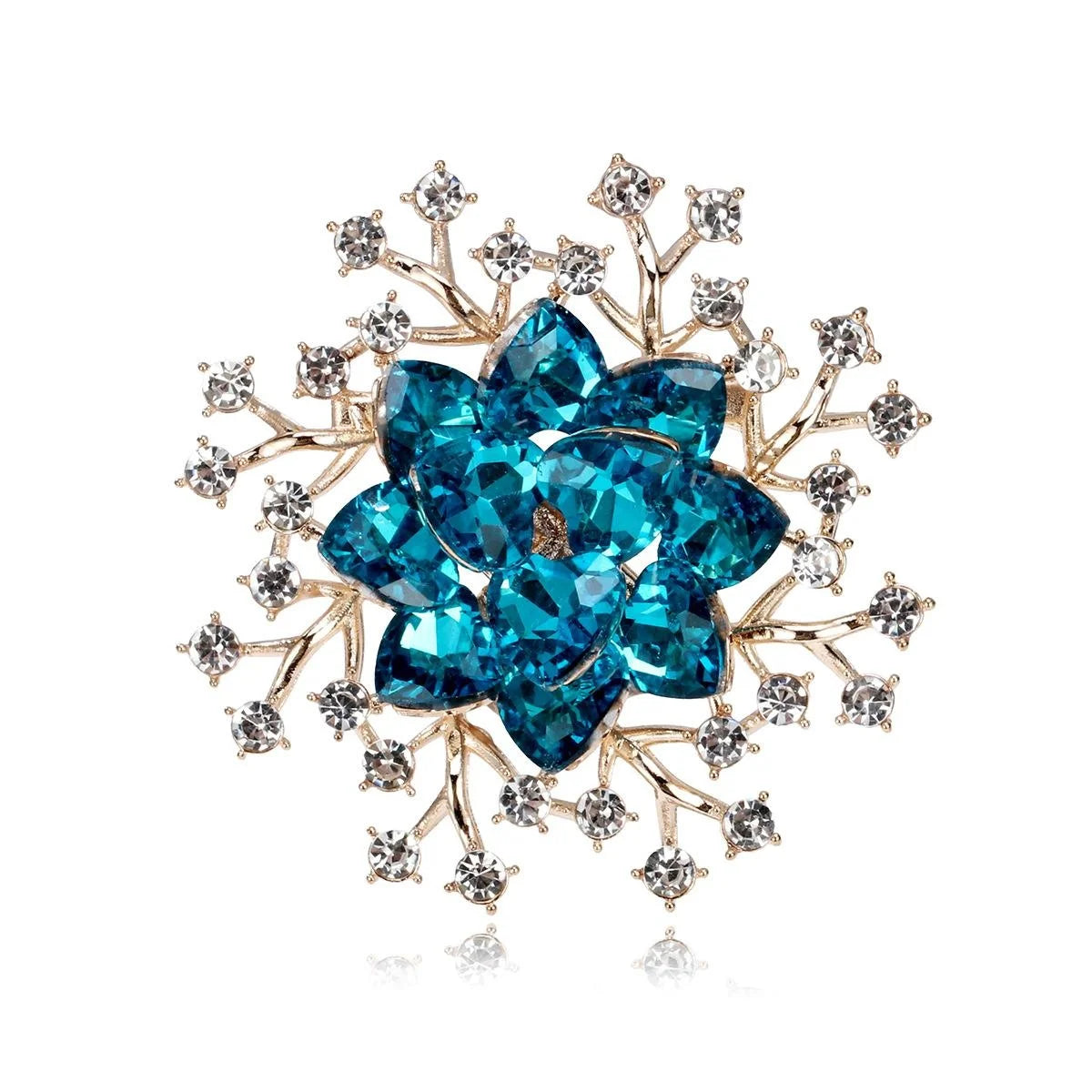 Luxury Blue Crystal Flower Rhinestone Brooch, Gold Alloy Floral Lapel Pin Corsage Suit Accessory Gift