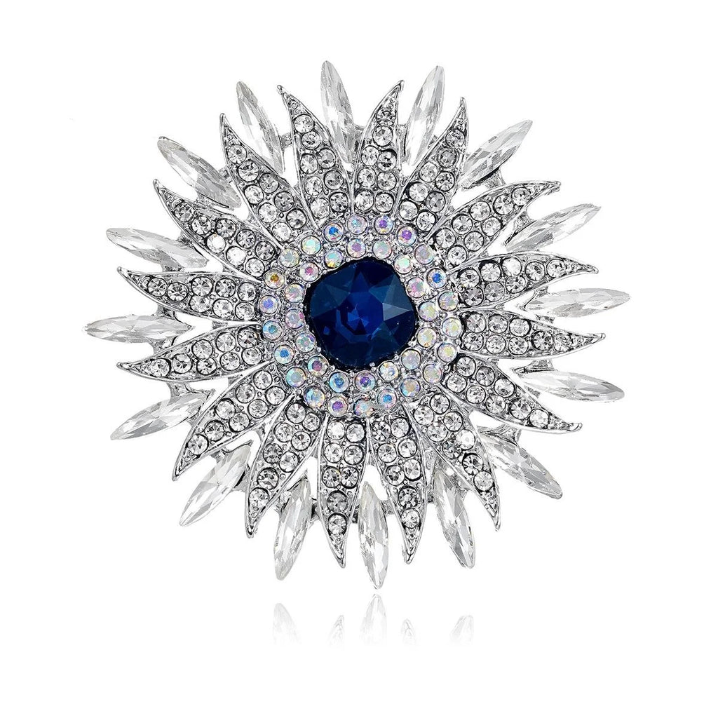 Luxury Rhinestone Sunflower Brooch With Blue Crystal Center, Elegant Floral Lapel Pin Corsage Gift