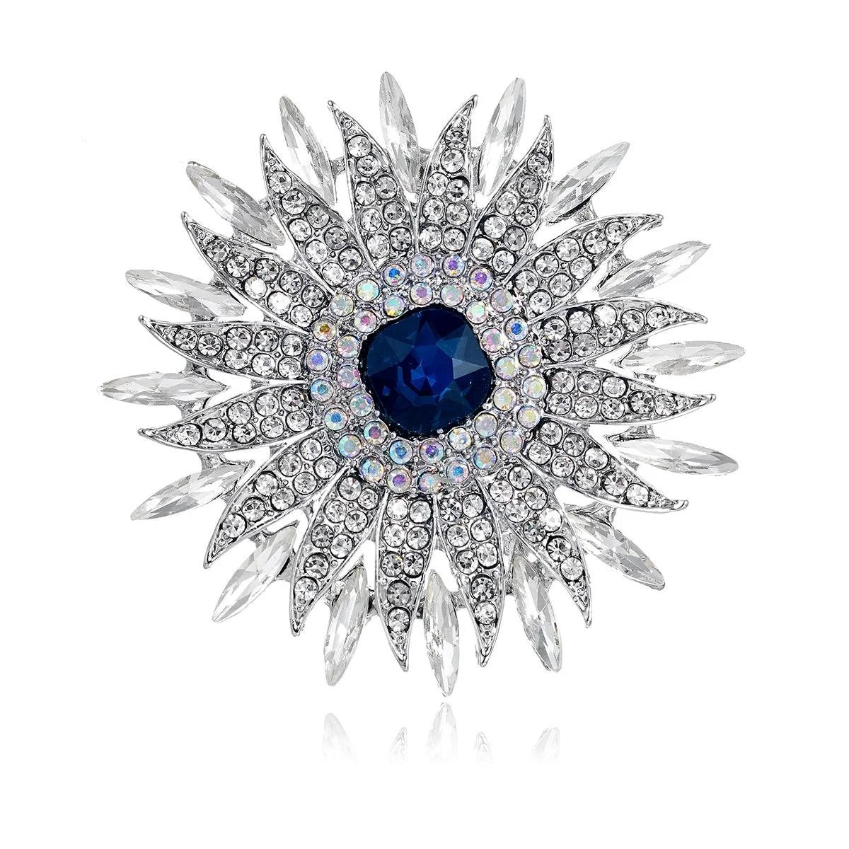 Luxury Rhinestone Sunflower Brooch With Blue Crystal Center, Elegant Floral Lapel Pin Corsage Gift