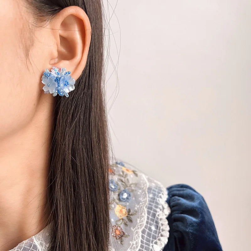 Handmade Blue Beaded Flower Crystal Stud & Clip On No Piercing Elegant Vacation Style Earrings