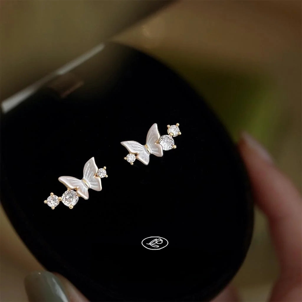 14K Plated Copper Butterfly Stud Earrings, Micro Pave Zircon Minimalist Jewelry