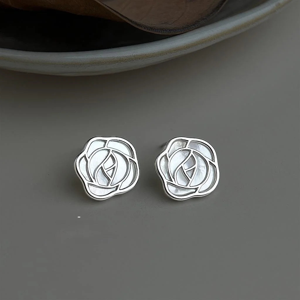 Elegant Silver Plated Copper Real Shell Hollow Rose Flower Stud Earrings For Women