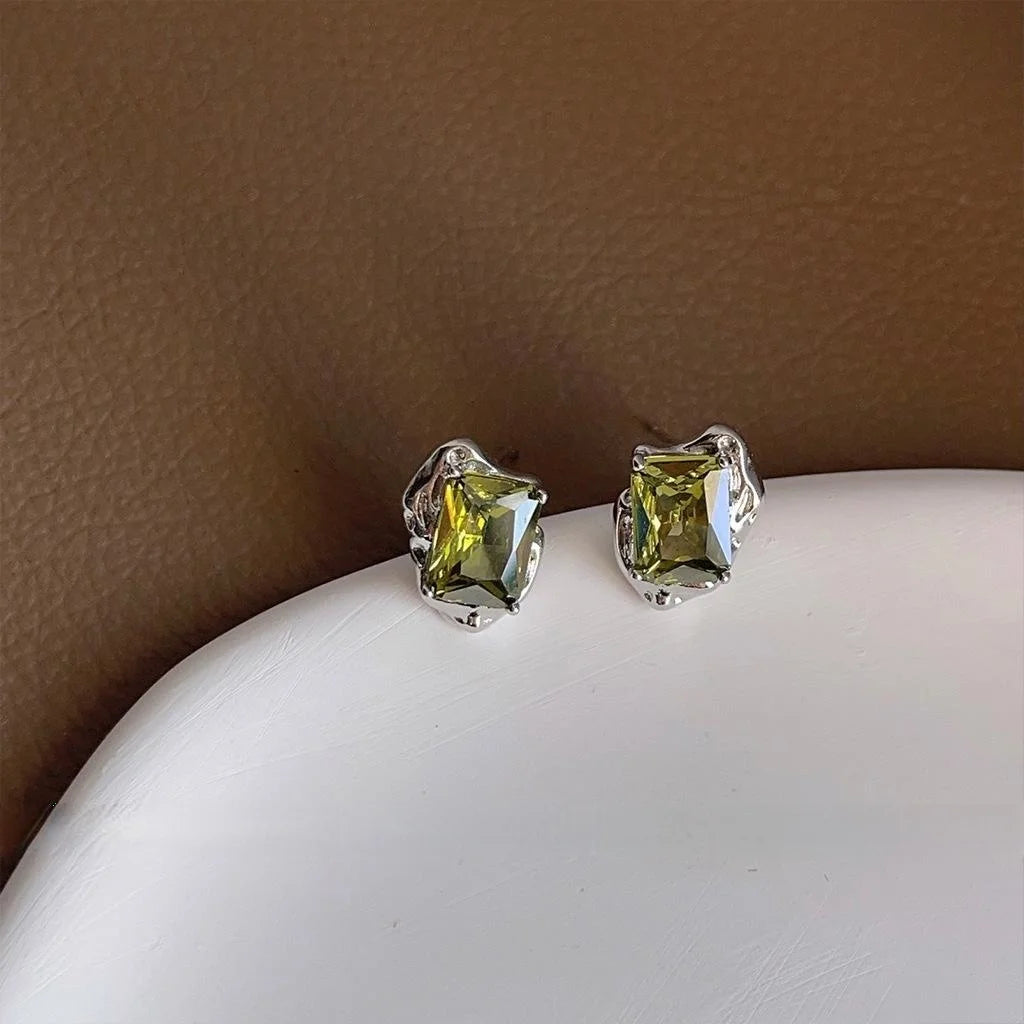 Irregular Geometric Olive Green Zircon Stud Earrings Copper Sweet Cool Style