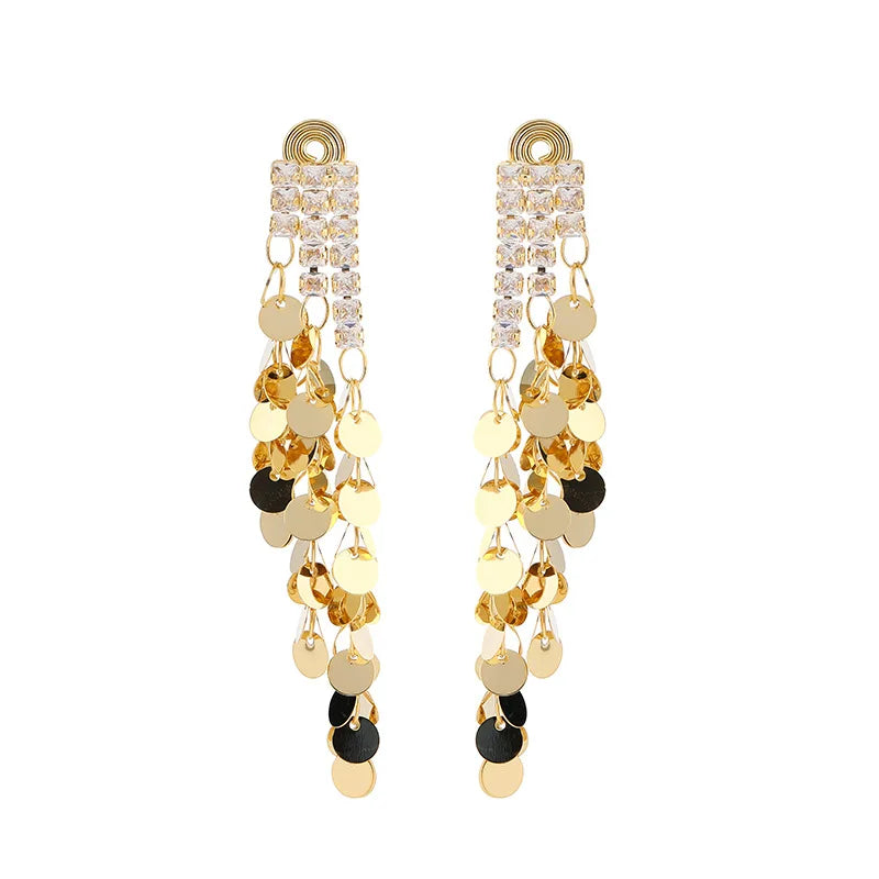 Luxury Gold Rhinestone Bar Spiral Disc Sequin Long Tassel Stud & Clip On No Piercing Earrings
