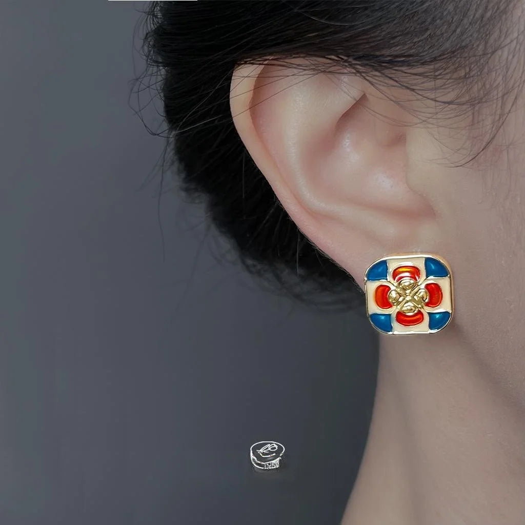 14K Plated Copper Rose Geometric Enamel Stud Earrings Vintage Tibetan Ethnic Style