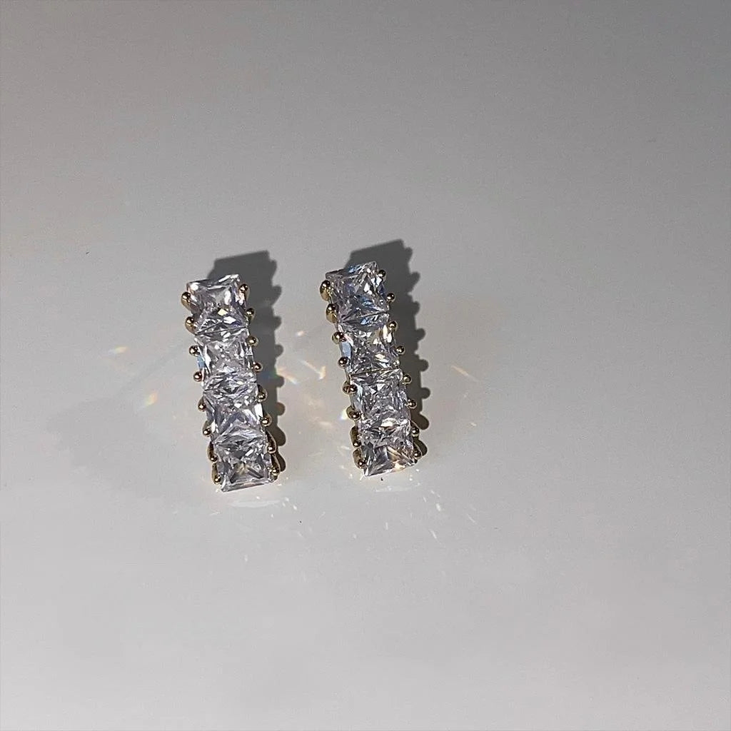 Minimalist Geometric Square Zircon Copper Drop Earrings With Micro Pave Row Stones