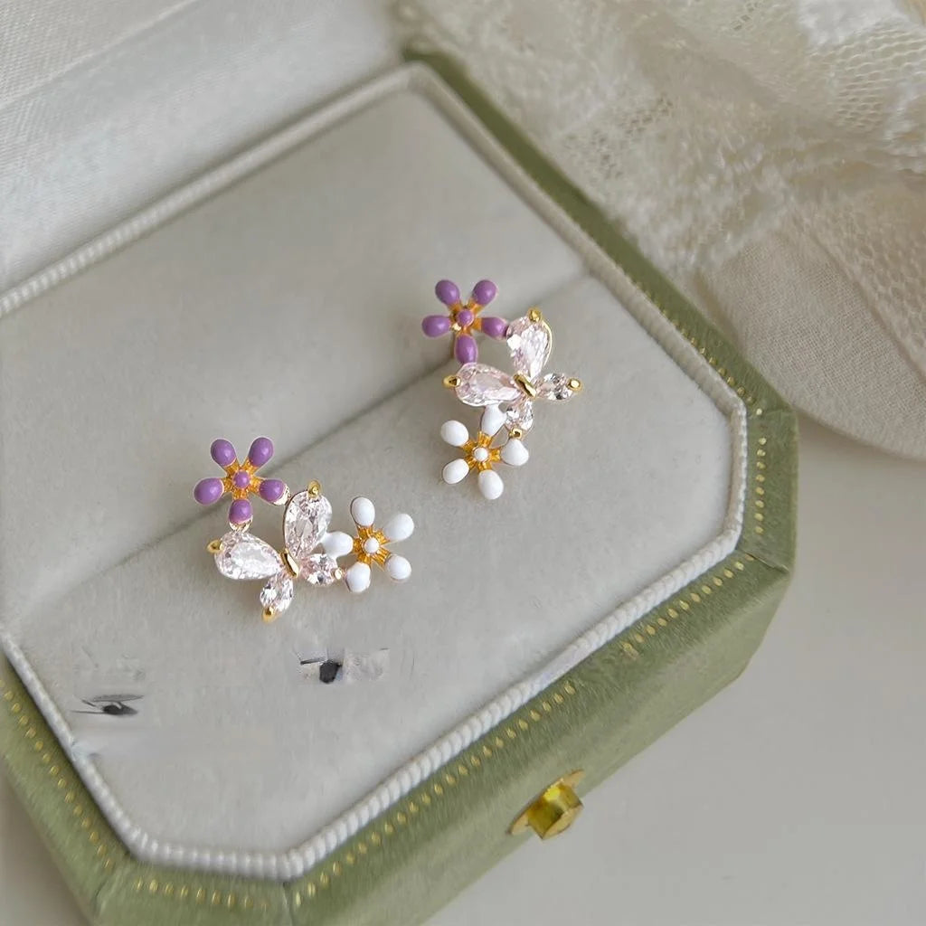 14K Plated Eco Copper Zircon Flower Enamel Stud Earrings Sweet Minimalist Forest Style